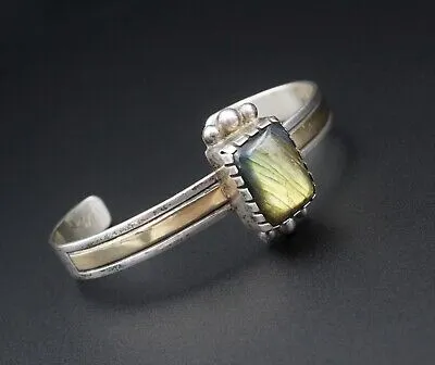 Navajo Alvin A Monte Sterling Silver 14k Labradorite Cuff Bracelet 6.5" BS2604