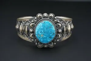 Navajo Derrick Gordon Turquoise Cuff Bracelet Sterling Silver 7" Signed BS2340