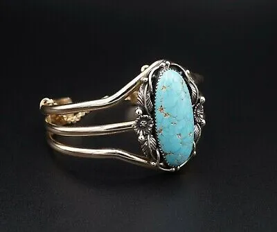 Navajo Emil Benally Vintage 14k Yellow Gold Turquoise Cuff Bracelet 6.25" BG414