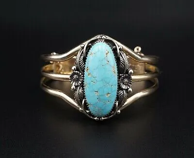 Navajo Emil Benally Vintage 14k Yellow Gold Turquoise Cuff Bracelet 6.25" BG414