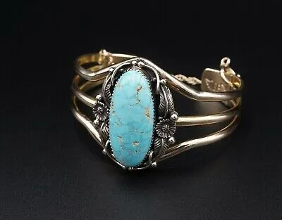 Navajo Emil Benally Vintage 14k Yellow Gold Turquoise Cuff Bracelet 6.25" BG414