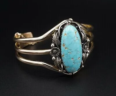 Navajo Emil Benally Vintage 14k Yellow Gold Turquoise Cuff Bracelet 6.25" BG414