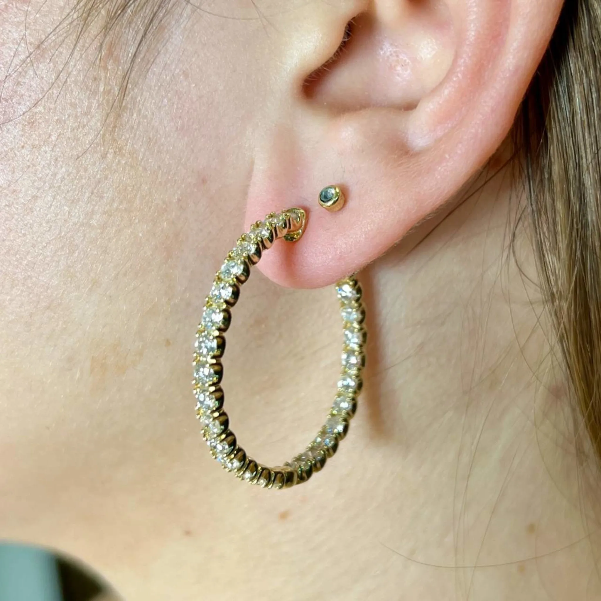 Post-1980s 14KT Yellow Gold Diamond Hoop Earrings