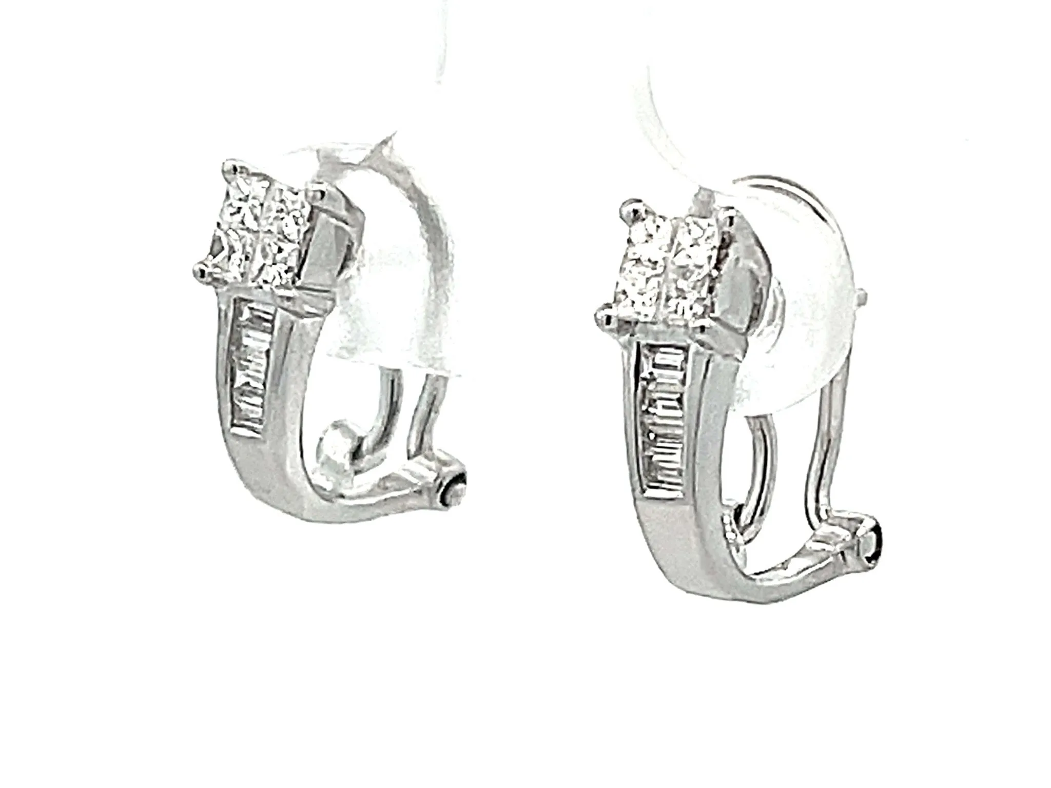 Princess Cut and Baguette Diamond Huggie Earrings in 18K White Gold