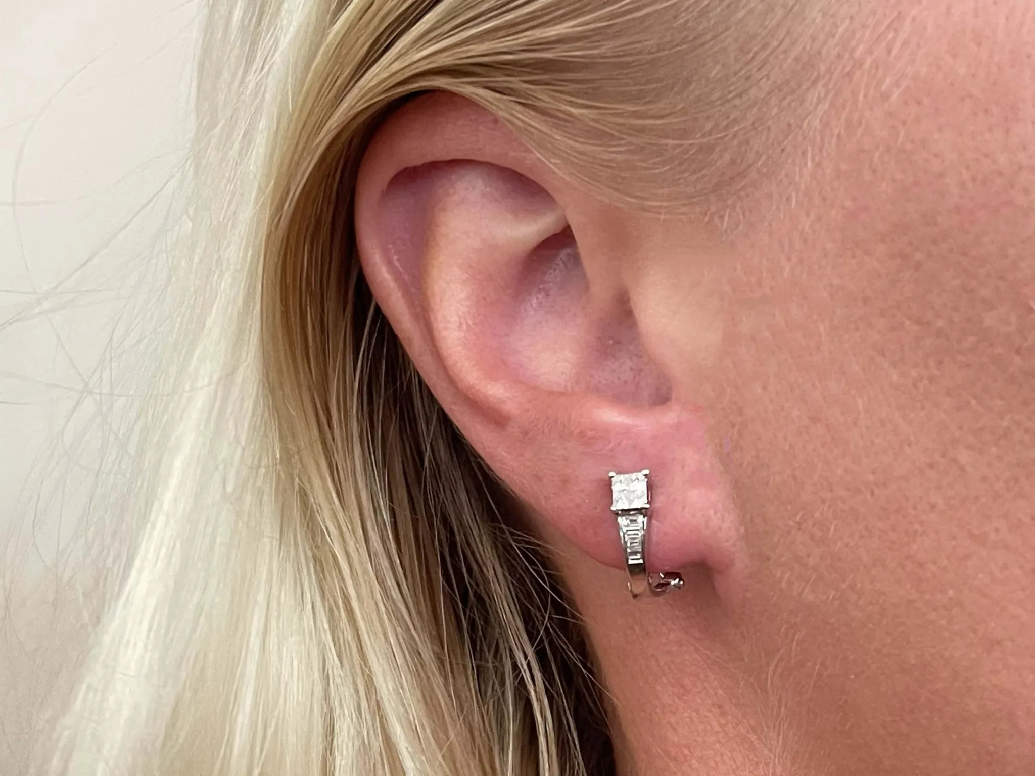 Princess Cut and Baguette Diamond Huggie Earrings in 18K White Gold