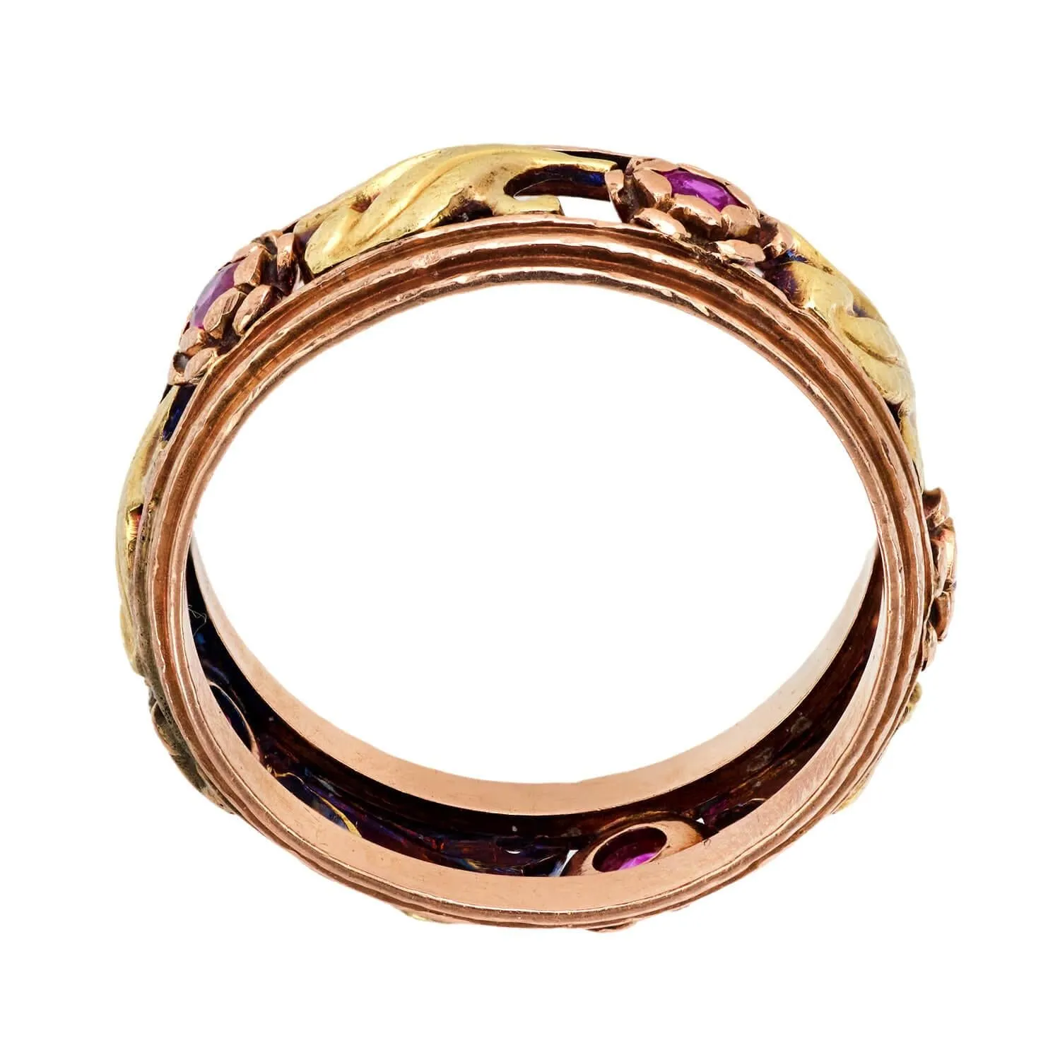 Retro 14k Mixed Metals Ruby Floral Motif Band