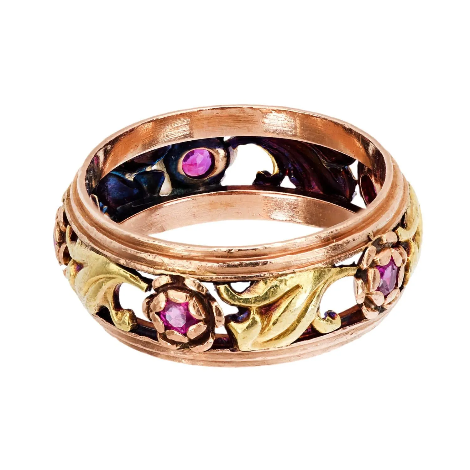 Retro 14k Mixed Metals Ruby Floral Motif Band