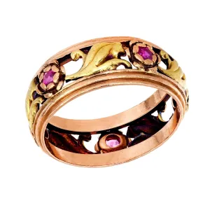 Retro 14k Mixed Metals Ruby Floral Motif Band