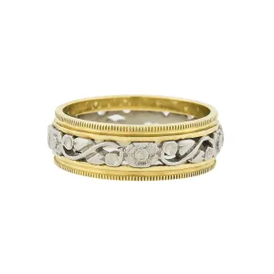 Retro 14kt Yellow   White Gold Mixed Metals Carved Floral Band