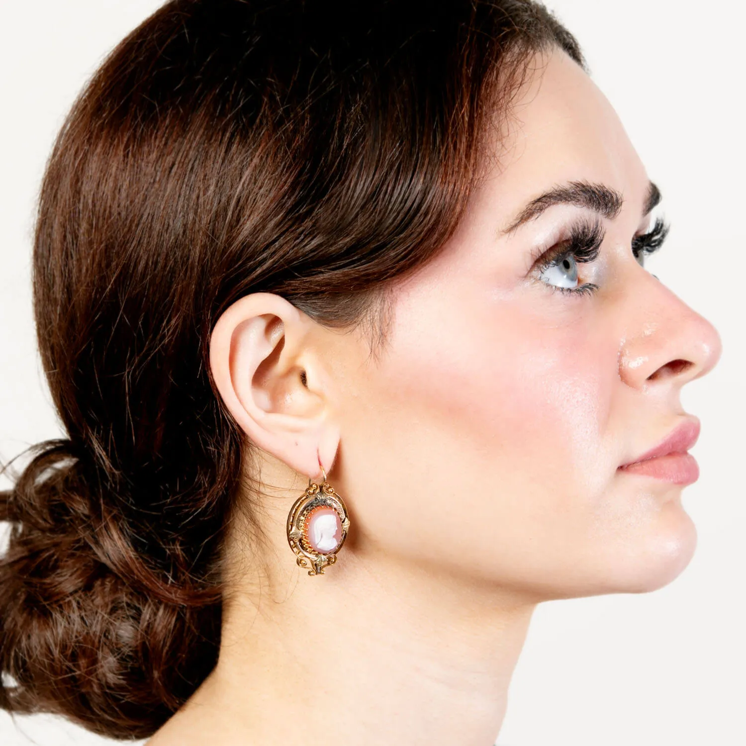 Victorian 14k Sardonyx Hardstone Lady Faces Cameo Earrings