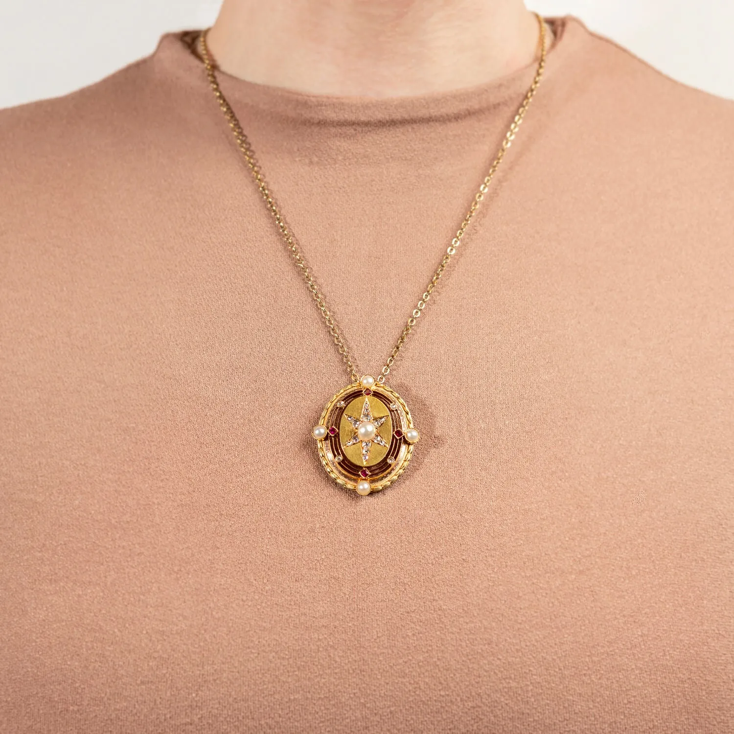 Victorian 14kt Mixed Metals Diamond, Ruby   Pearl Starburst Pendant