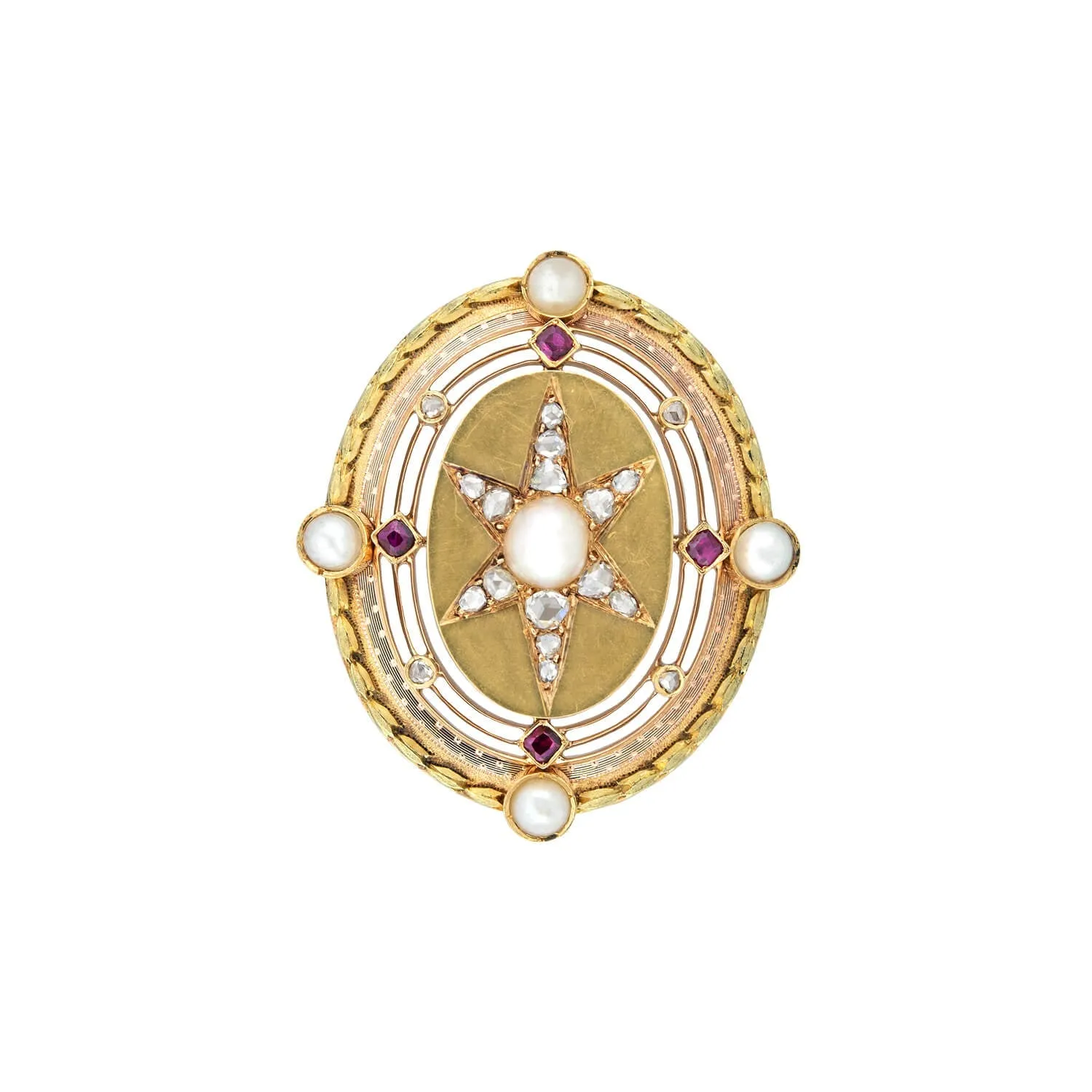 Victorian 14kt Mixed Metals Diamond, Ruby   Pearl Starburst Pendant