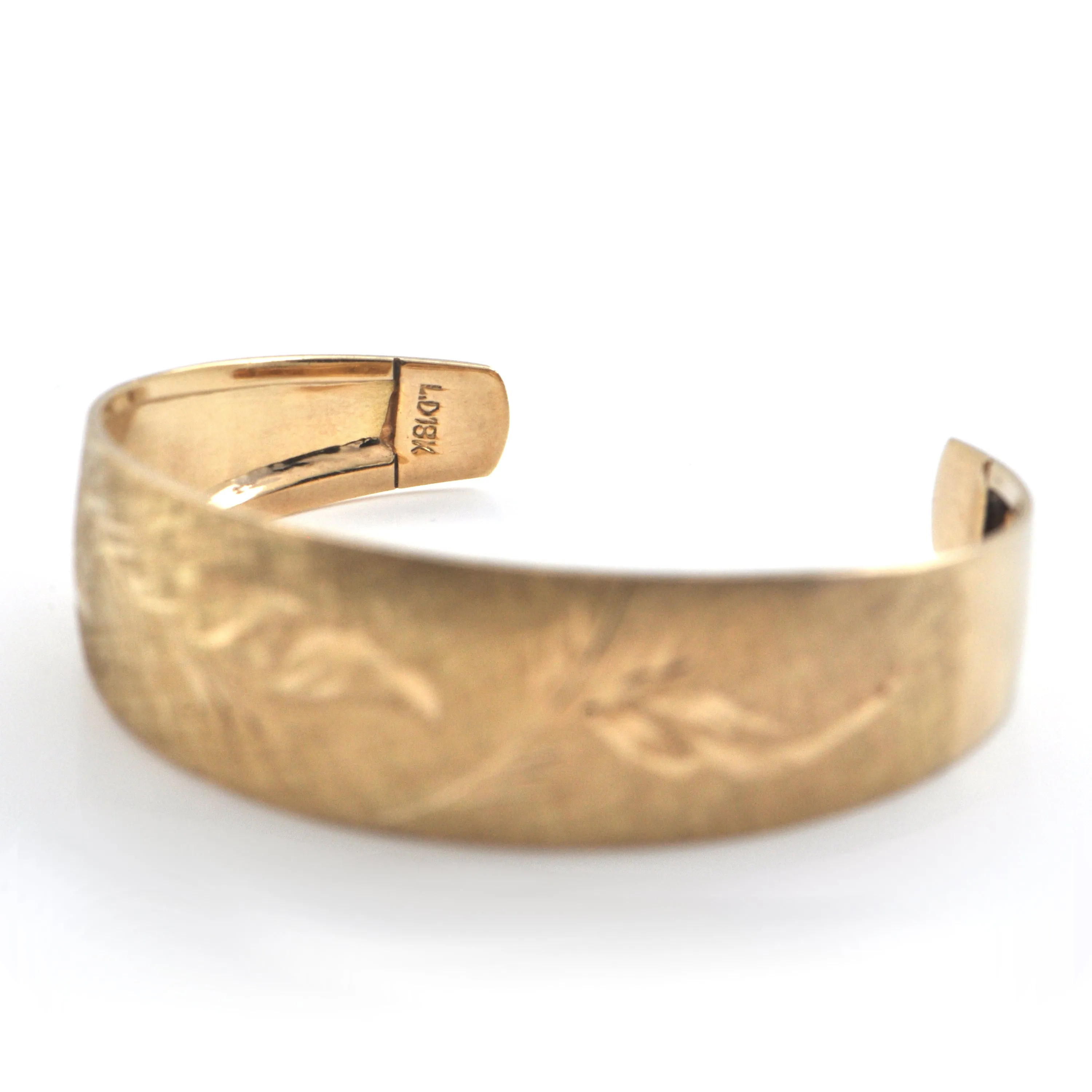 Vintage Brushed 18K Yellow Gold Child's Cuff Bracelet with Leaf Engraving