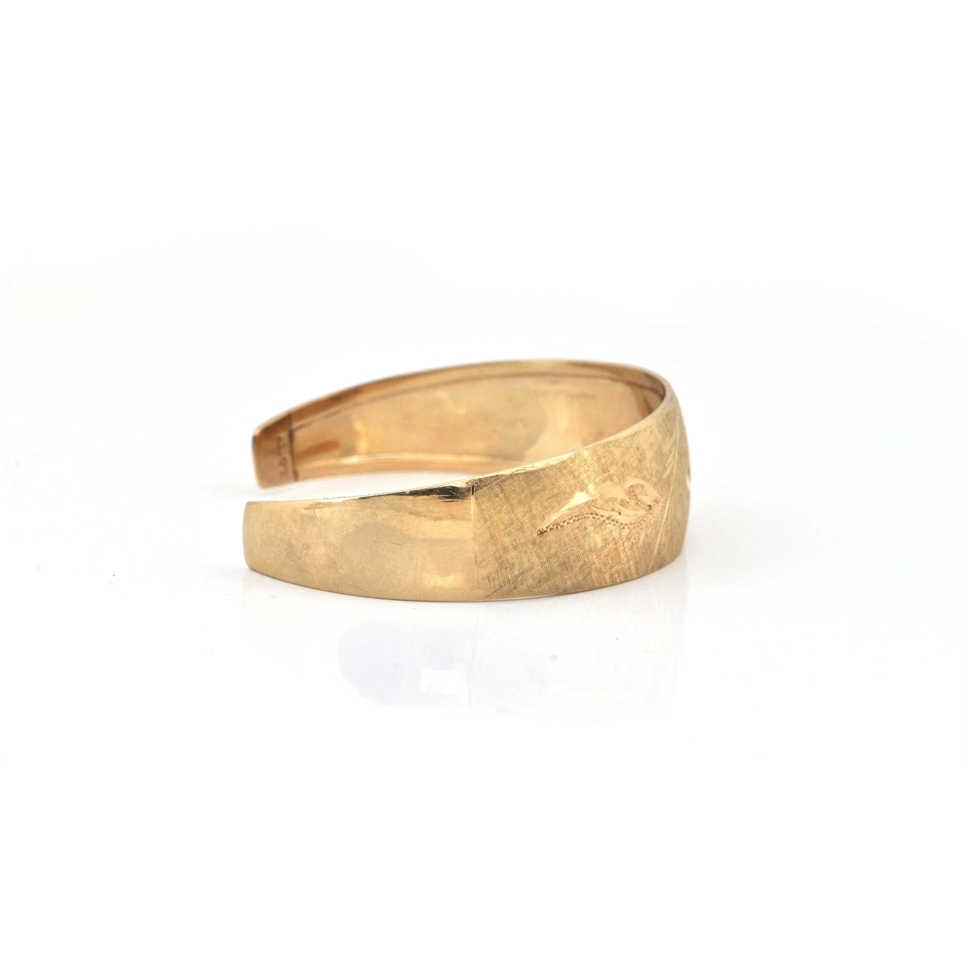 Vintage Brushed 18K Yellow Gold Child's Cuff Bracelet with Leaf Engraving