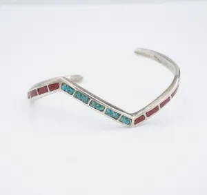 Vintage Inlay Cuff Bracelet Turquoise Coral Sterling Silver 6.25" 1970s BS2964