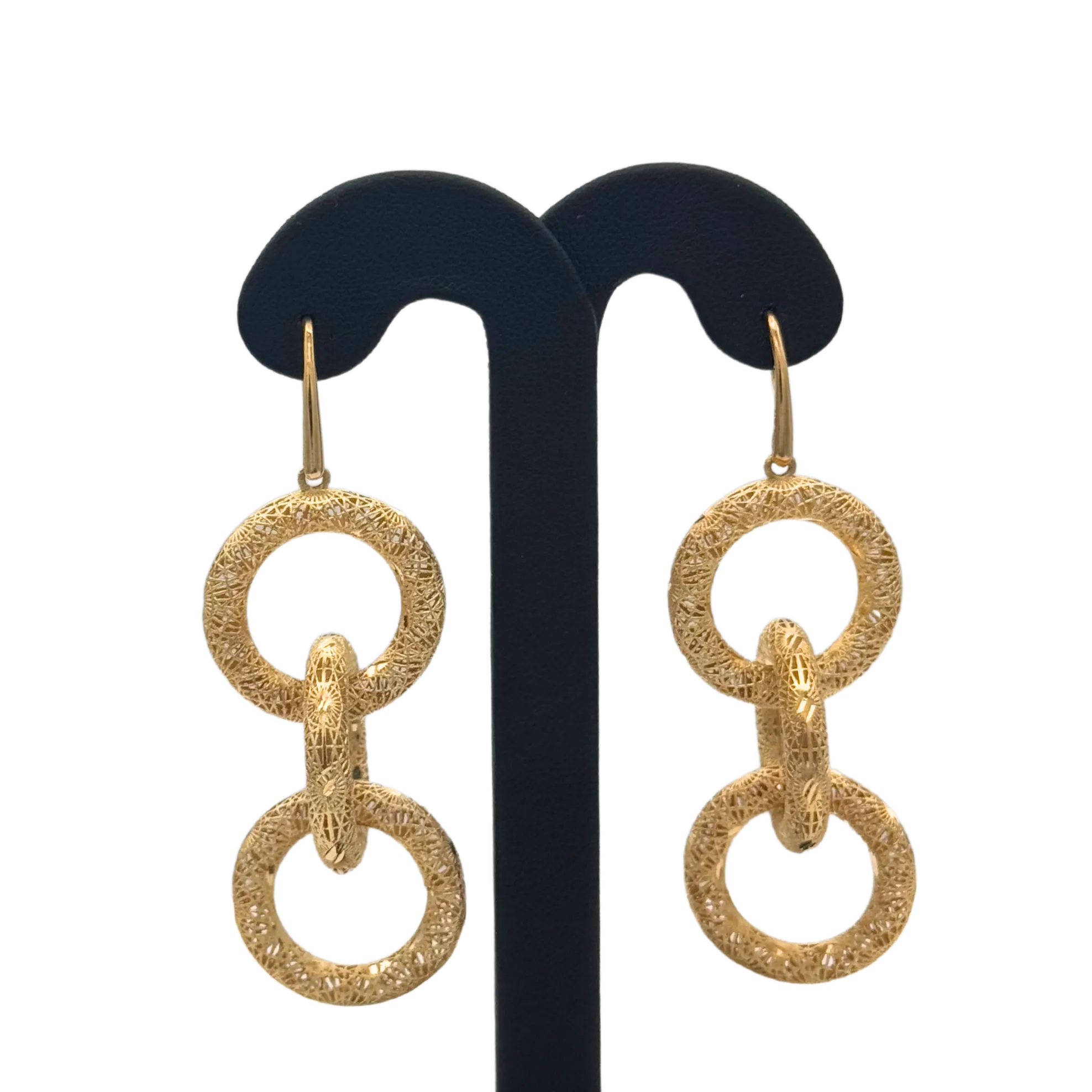 Vintage Italian 14K Yellow Gold Triple Hoop Filigree Drop Earrings