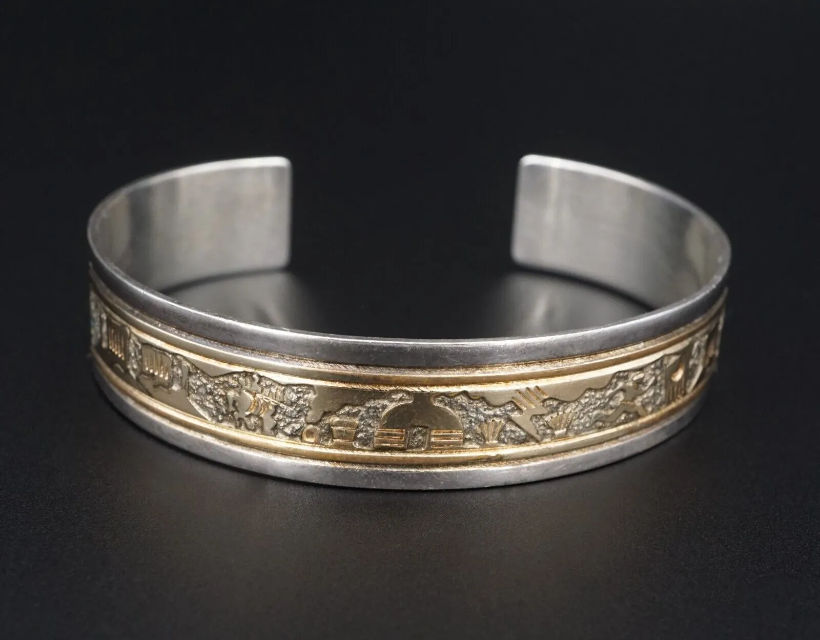 Vintage Sterling Silver 12k GF Cuff Bracelet Pueblo Scene 7" Signed BS2871